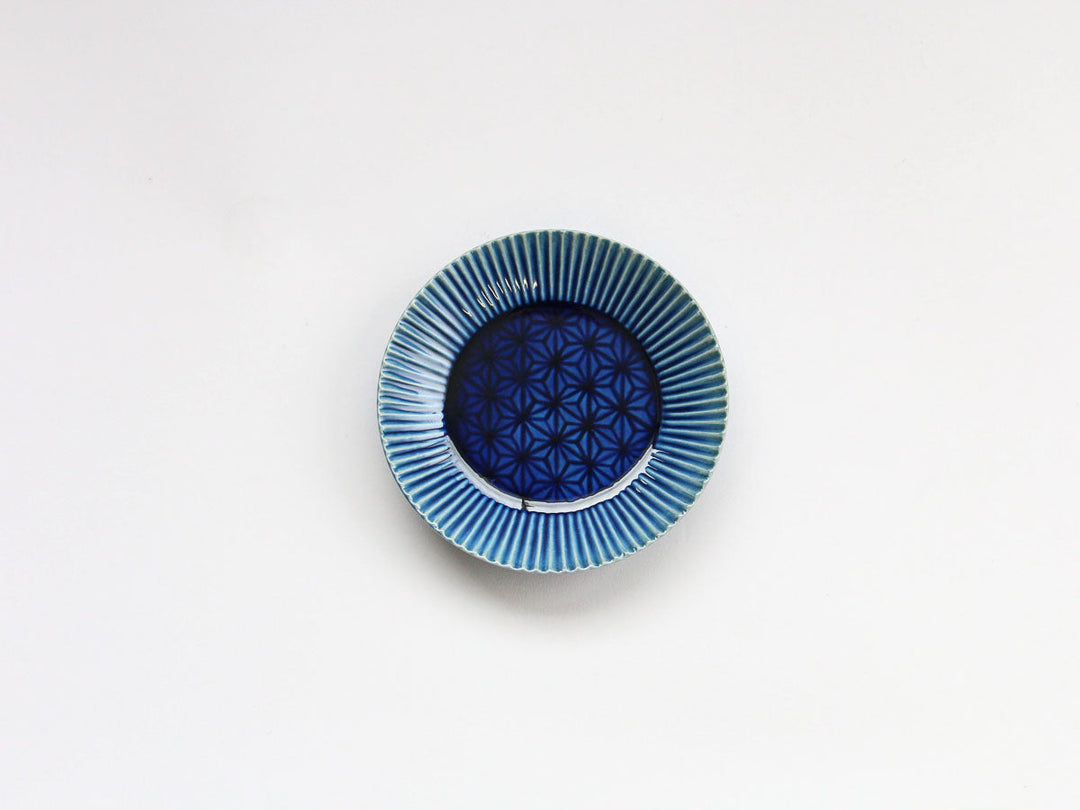 Cobalt Blue Glazed Hemp-Leaf Carved Plate, 10cm — Hand-Carved Japanese Porcelain by Kajiken Seiji