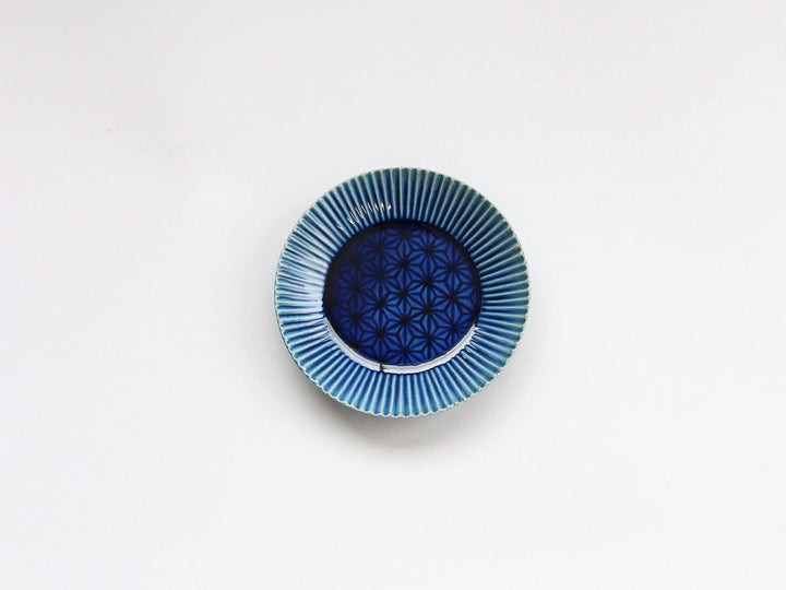Cobalt Blue Glazed Hemp-Leaf Carved Plate, 10cm — Hand-Carved Japanese Porcelain by Kajiken Seiji
