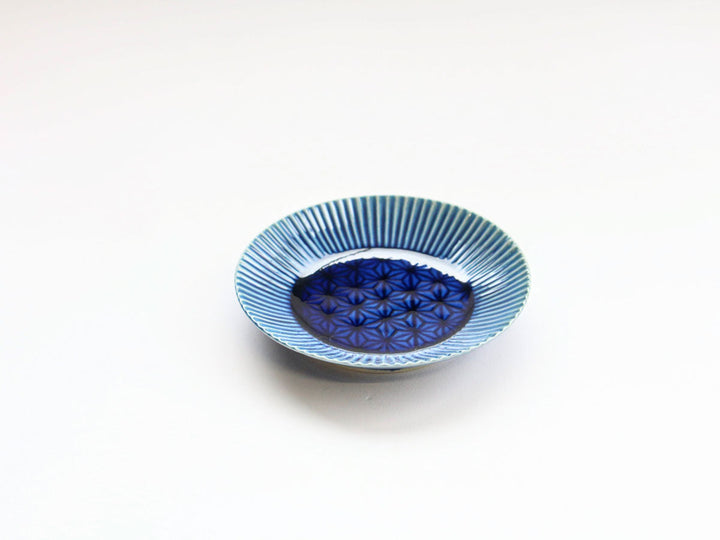 Cobalt Blue Glazed Hemp-Leaf Carved Plate, 10cm — Hand-Carved Japanese Porcelain by Kajiken Seiji