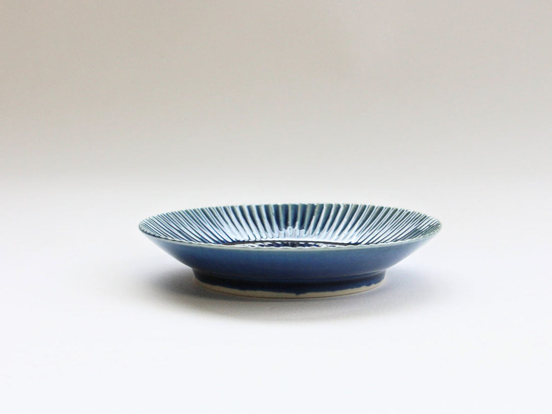 Cobalt Blue Glazed Hemp-Leaf Carved Plate, 10cm — Hand-Carved Japanese Porcelain by Kajiken Seiji