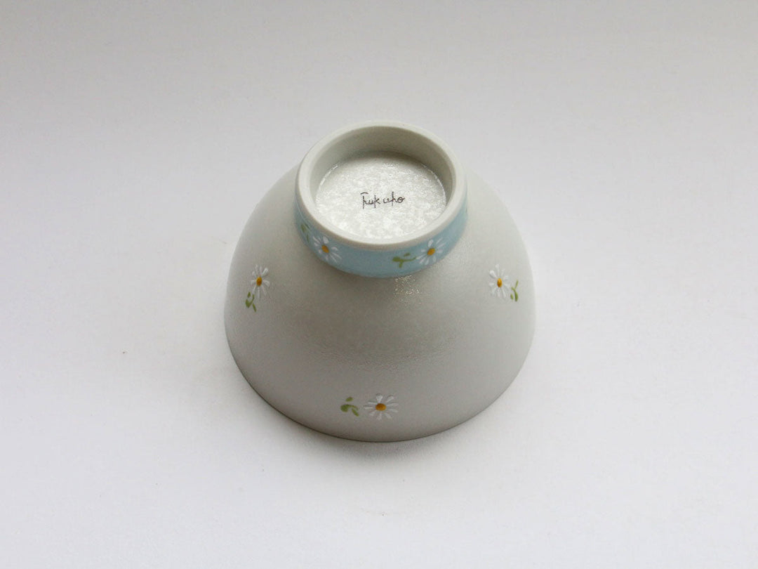 White Daisy Motenashi Rice Bowl Small Blue - Crafted By Fukuho Kiln