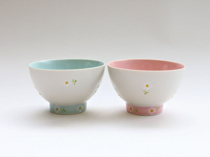 White Daisy Motenashi Rice Bowl Small Blue - Crafted By Fukuho Kiln