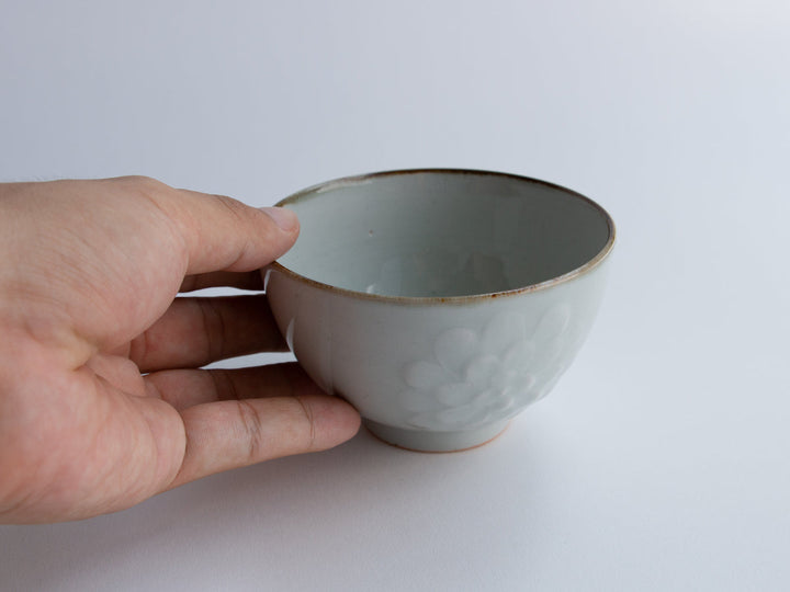 White Porcelain Chrysanthemum Rice Bowl - Crafted By Kousei Kobayashi