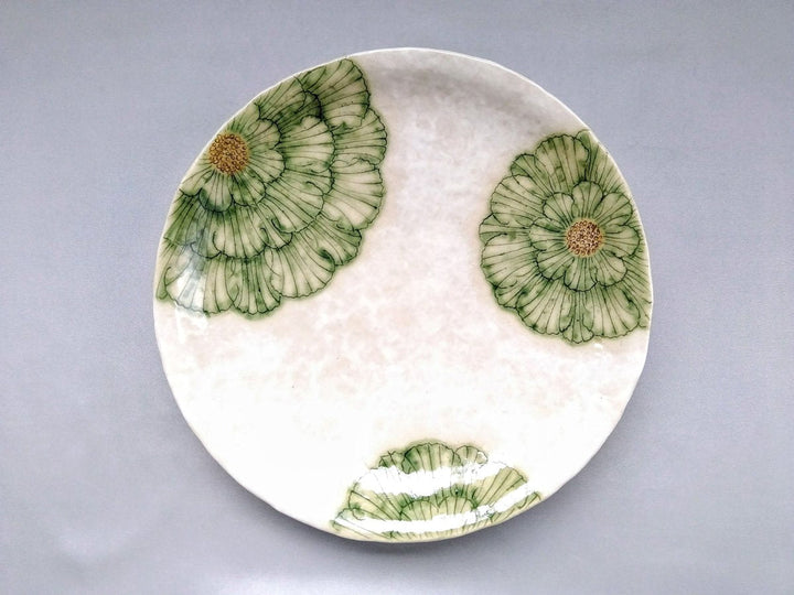 White Slip Peony 7.5-Sun Round Plate Green - Crafted By Yohei Kato