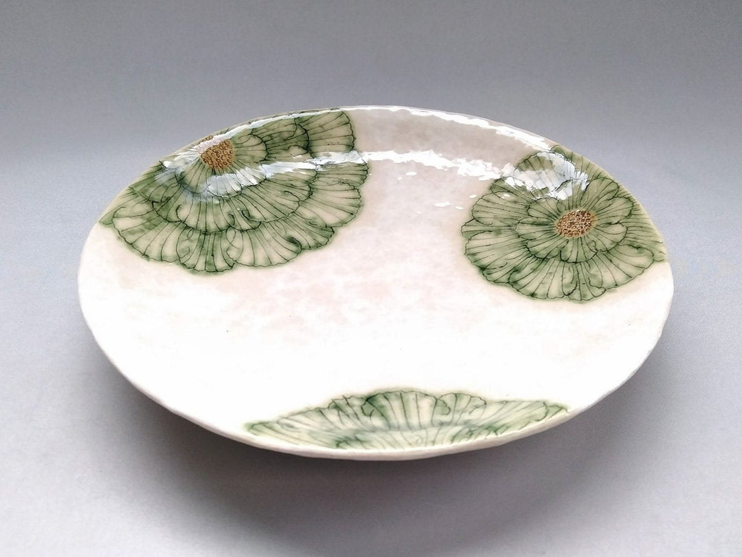 White Slip Peony 7.5-Sun Round Plate Green - Crafted By Yohei Kato