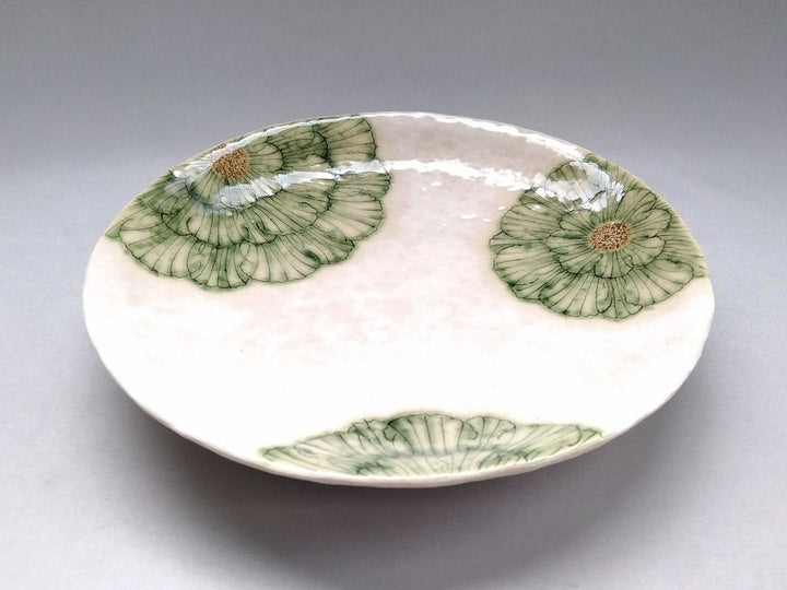 White Slip Peony 7.5-Sun Round Plate Green - Crafted By Yohei Kato