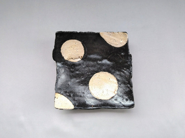 Black Glazed Round Pattern pasted Square Plate - Crafted By Kazuhito Yamamoto
