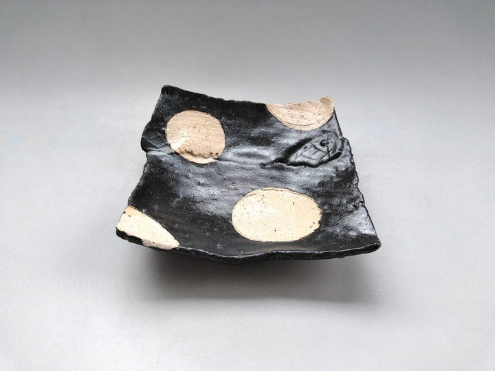 Black Glazed Round Pattern pasted Square Plate - Crafted By Kazuhito Yamamoto