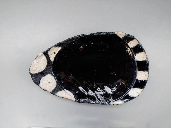 Blue Glazed Black White Round Striped Egg Plate Large - Crafted By Kazuhito Yamamoto