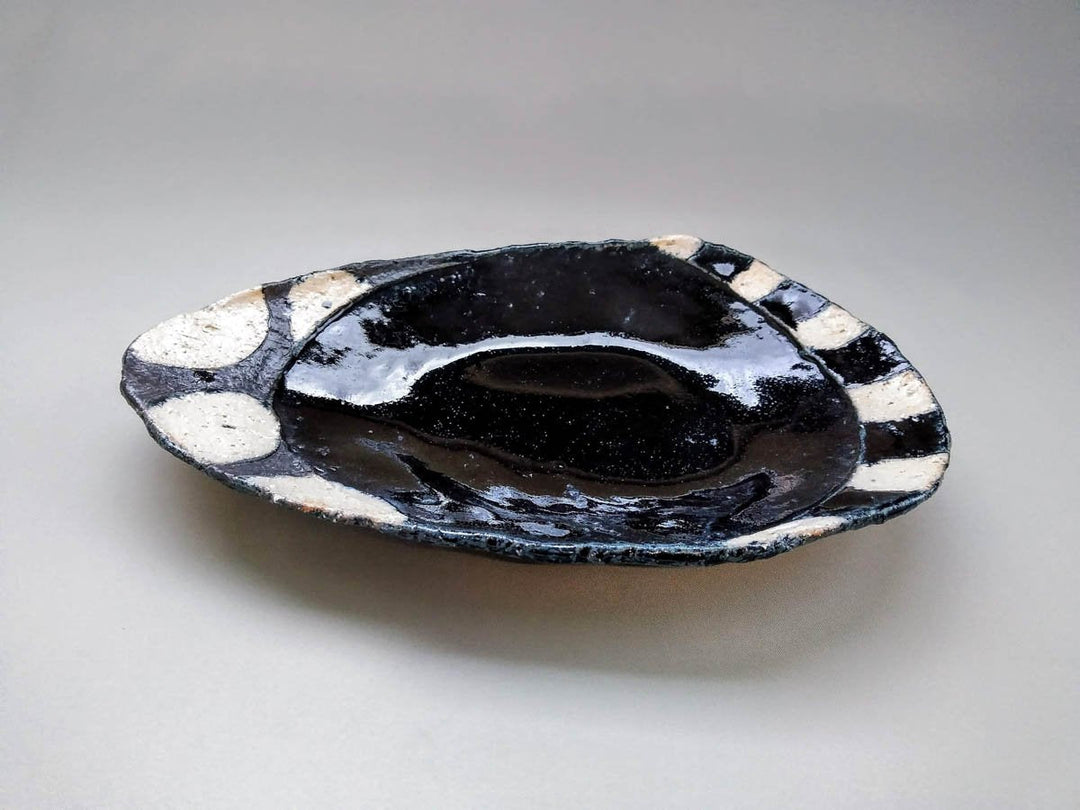 Blue Glazed Black White Round Striped Egg Plate Large - Crafted By Kazuhito Yamamoto