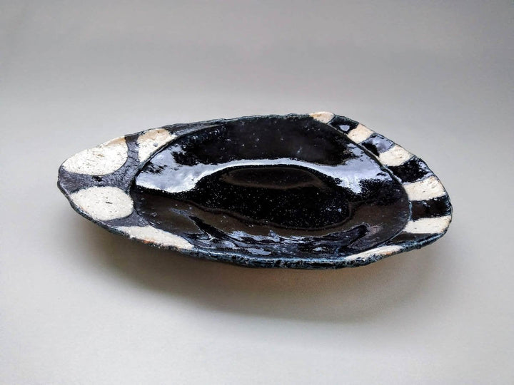 Blue Glazed Black White Round Striped Egg Plate Large - Crafted By Kazuhito Yamamoto