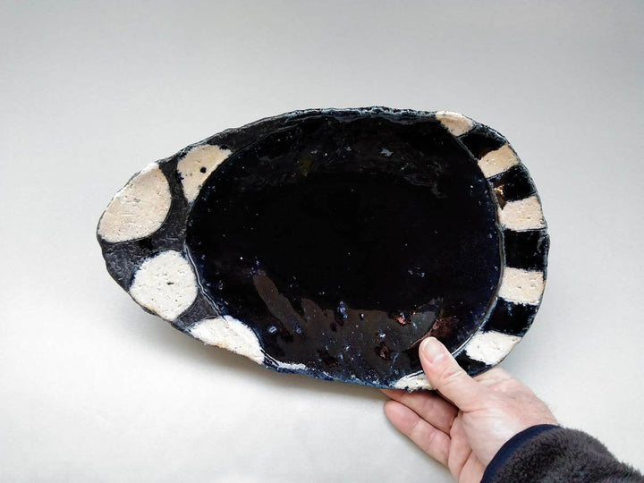 Blue Glazed Black White Round Striped Egg Plate Large - Crafted By Kazuhito Yamamoto