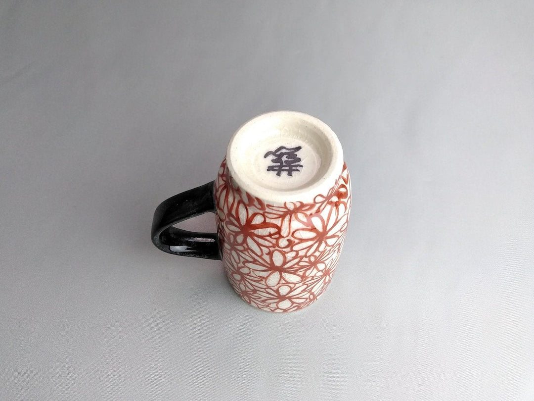 Red cylindrical Tea Cup with Flower handle — Hand-Painted Japanese Pottery by Kikaku Pottery