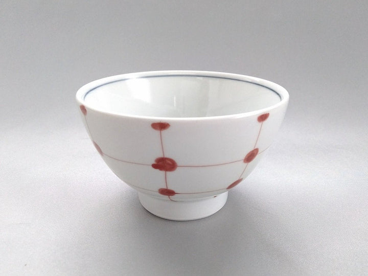 Red Dotted Grid Pattern Rice Bowl - Crafted By Fukuho Kiln