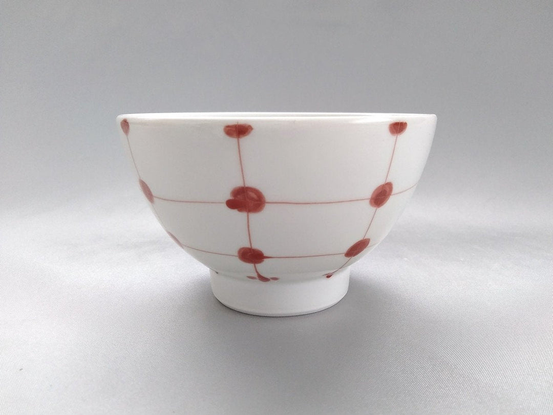 Red Dotted Grid Pattern Rice Bowl - Crafted By Fukuho Kiln
