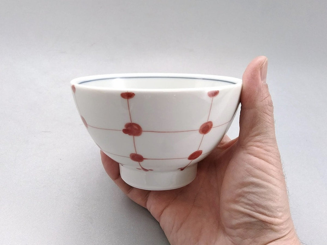 Red Dotted Grid Pattern Rice Bowl - Crafted By Fukuho Kiln