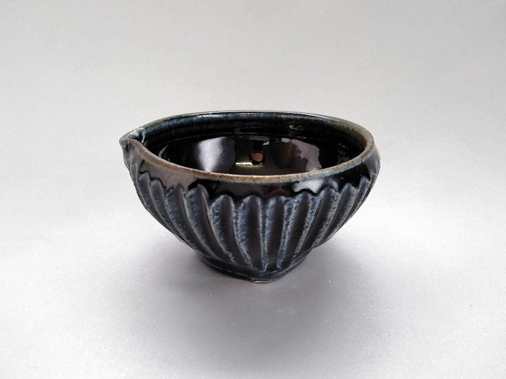 Indigo Glazed Ridged Katakuchi Sake Pourer Small Bowl - Crafted By Kazuhito Yamamoto