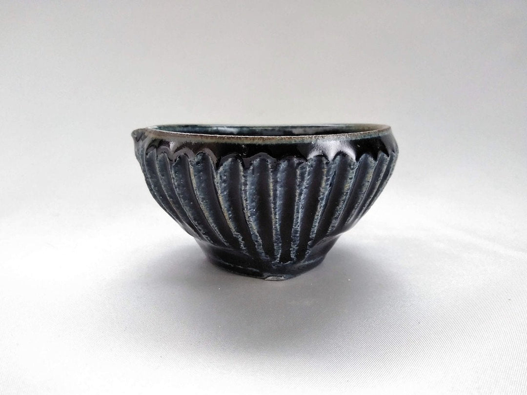 Indigo Glazed Ridged Katakuchi Sake Pourer Small Bowl - Crafted By Kazuhito Yamamoto