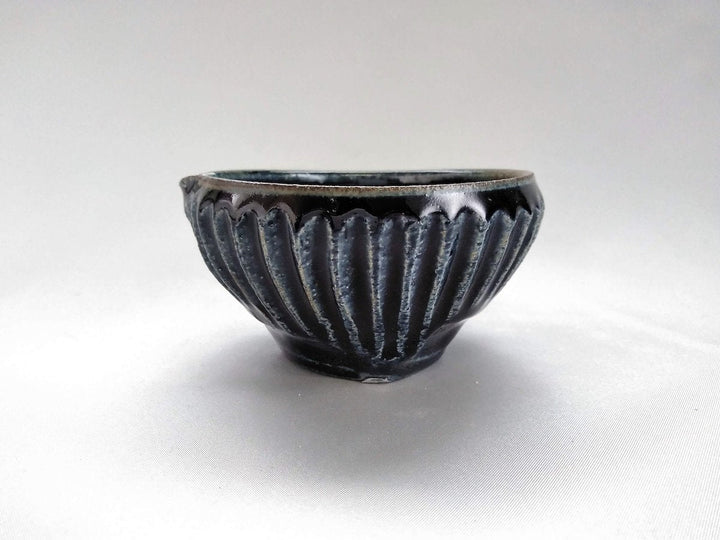 Indigo Glazed Ridged Katakuchi Sake Pourer Small Bowl - Crafted By Kazuhito Yamamoto