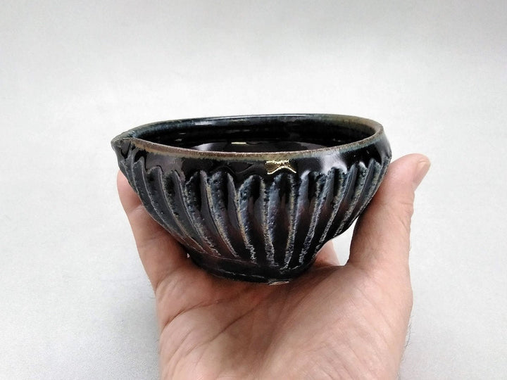 Indigo Glazed Ridged Katakuchi Sake Pourer Small Bowl - Crafted By Kazuhito Yamamoto