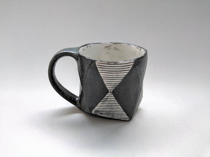 Black Glazed Diamond-Patterned Carved Hexagonal Mug - Crafted By Tatsuo Otomo