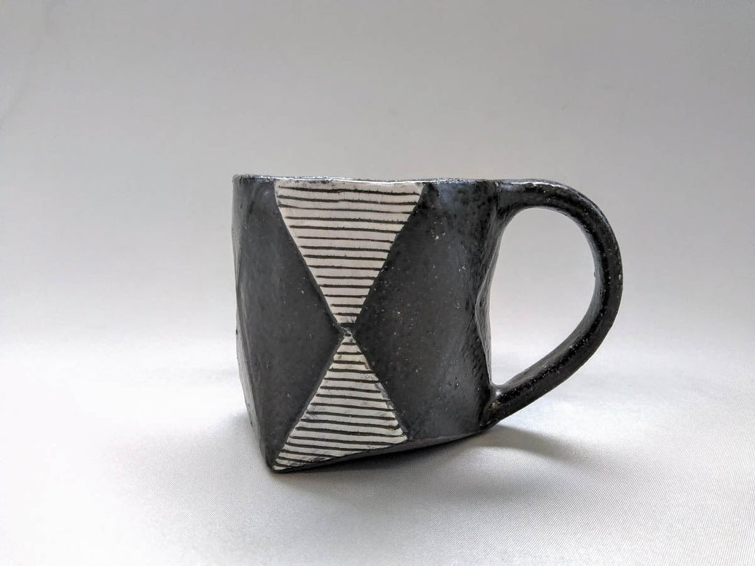 Black Glazed Diamond-Patterned Carved Hexagonal Mug - Crafted By Tatsuo Otomo