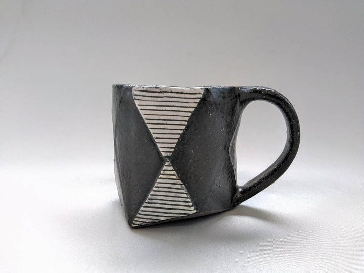 Black Glazed Diamond-Patterned Carved Hexagonal Mug - Crafted By Tatsuo Otomo