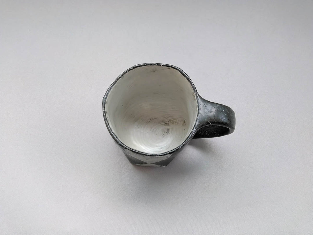Black Glazed Diamond-Patterned Carved Hexagonal Mug - Crafted By Tatsuo Otomo
