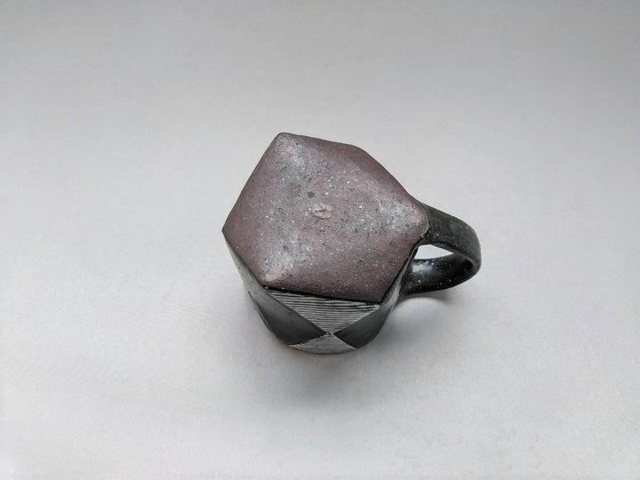 Black Glazed Diamond-Patterned Carved Hexagonal Mug - Crafted By Tatsuo Otomo