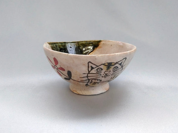 Oribe children's Rice Bowl Bird Flower and tabby cat - Crafted By Hiroshi Sato