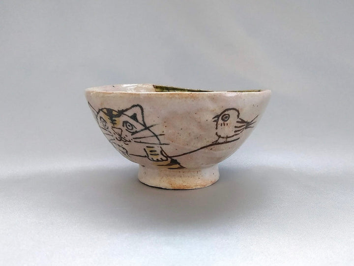 Oribe children's Rice Bowl Bird Flower and tabby cat - Crafted By Hiroshi Sato