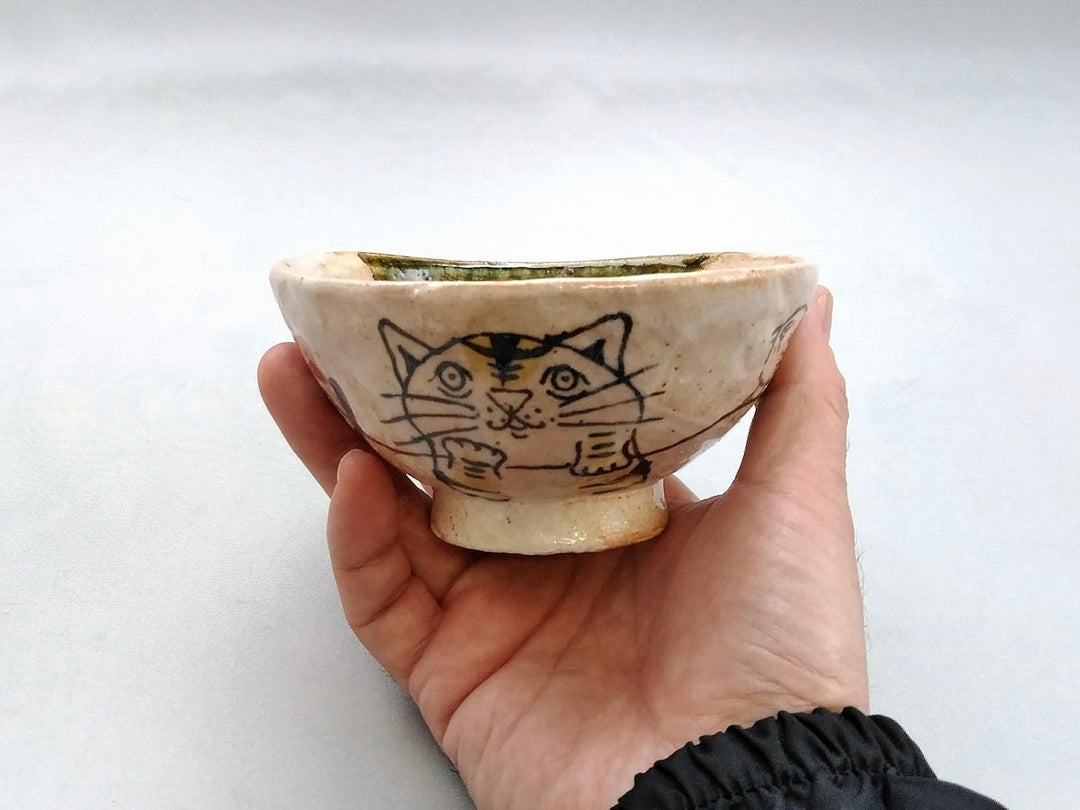 Oribe children's Rice Bowl Bird Flower and tabby cat - Crafted By Hiroshi Sato
