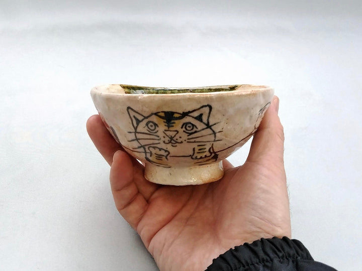 Oribe children's Rice Bowl Bird Flower and tabby cat - Crafted By Hiroshi Sato